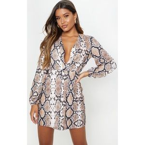 PrettyLittleThing Tan Snake Print Plunge Shift Dress